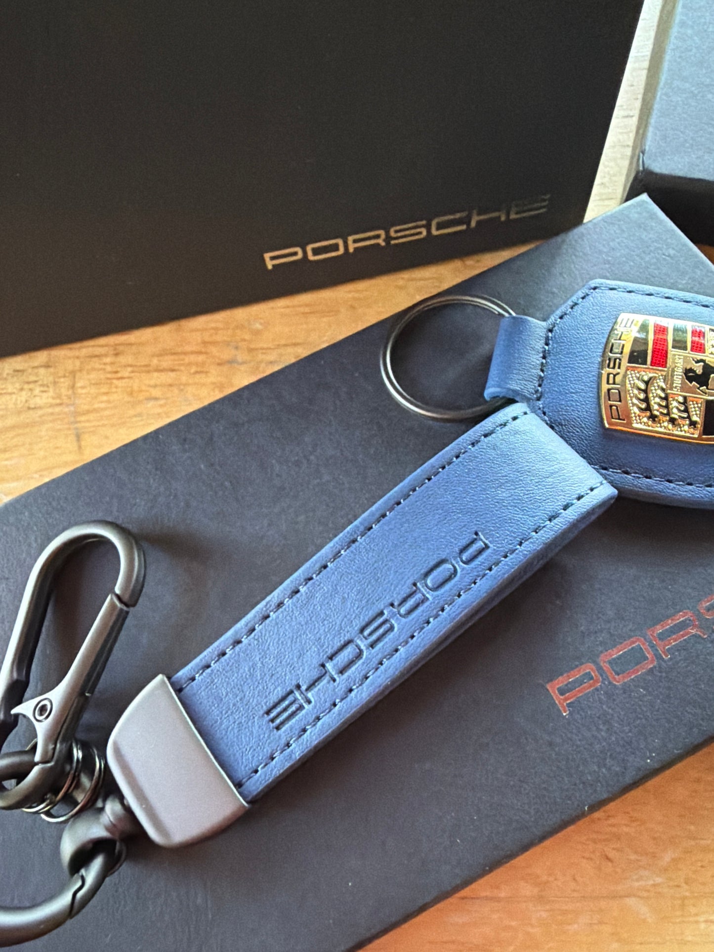 Blowout Sale Porsche Leather Royal Blue Crest Duo Key Fobs