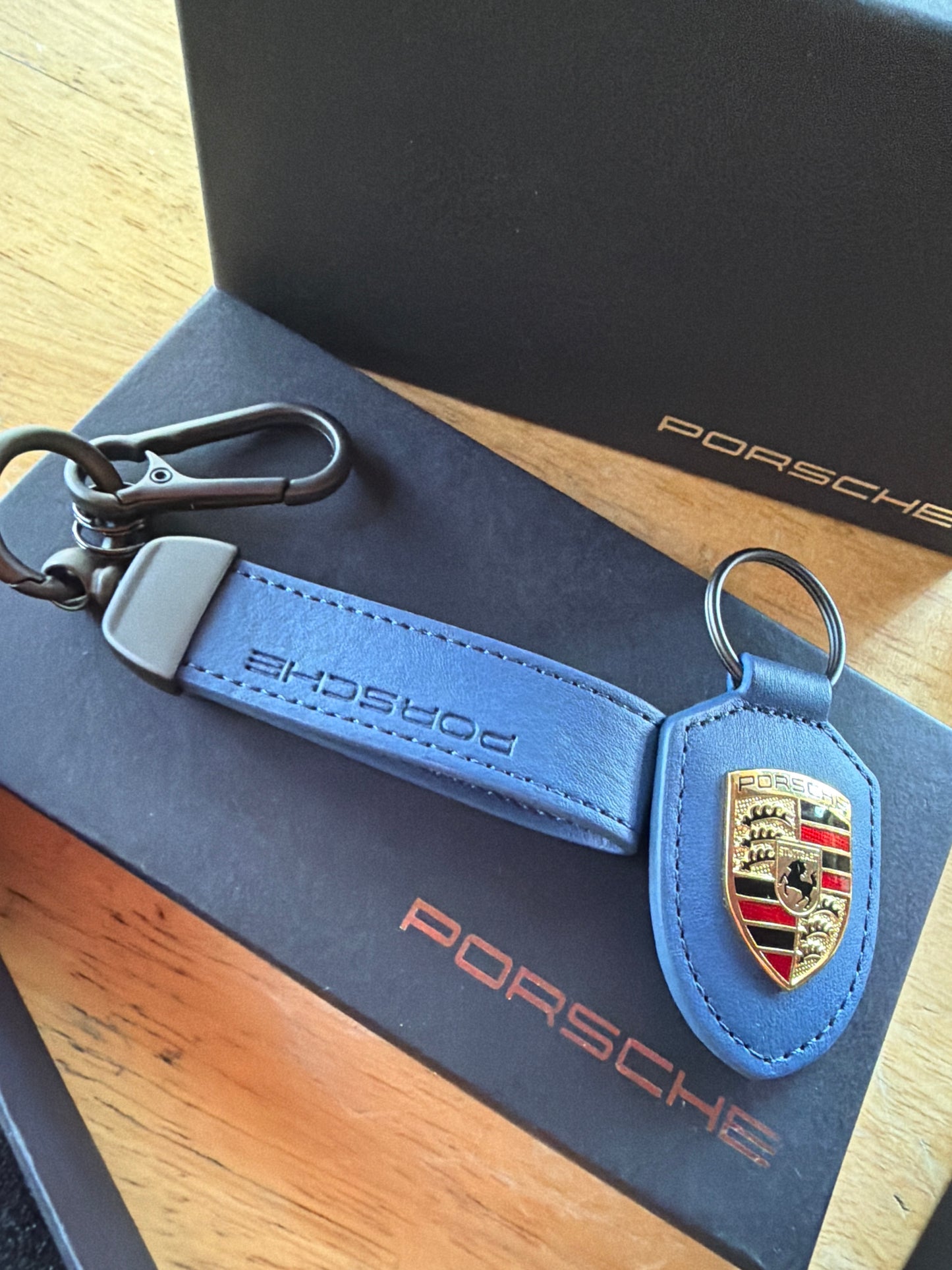Blowout Sale Porsche Leather Royal Blue Crest Duo Key Fobs